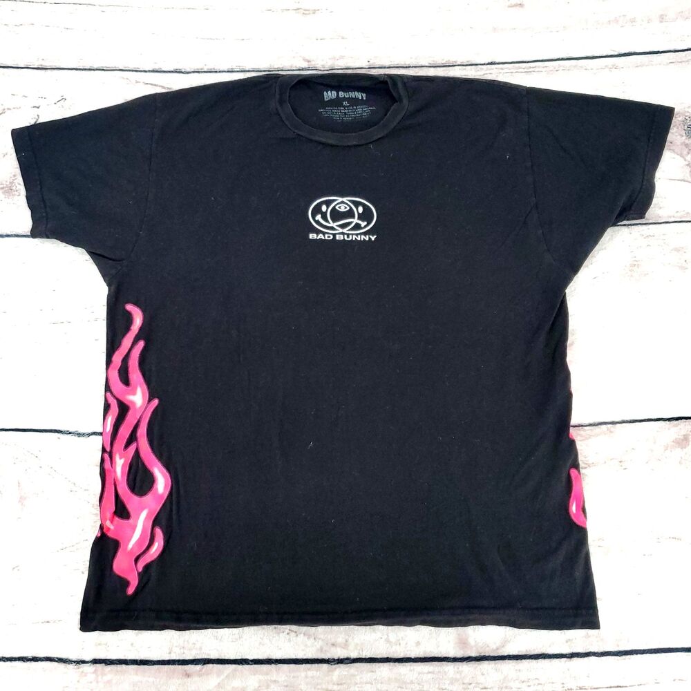 Bad Bunny XL Black Smiley Face Shirt with Pink Flames Reggaeton Band Tee